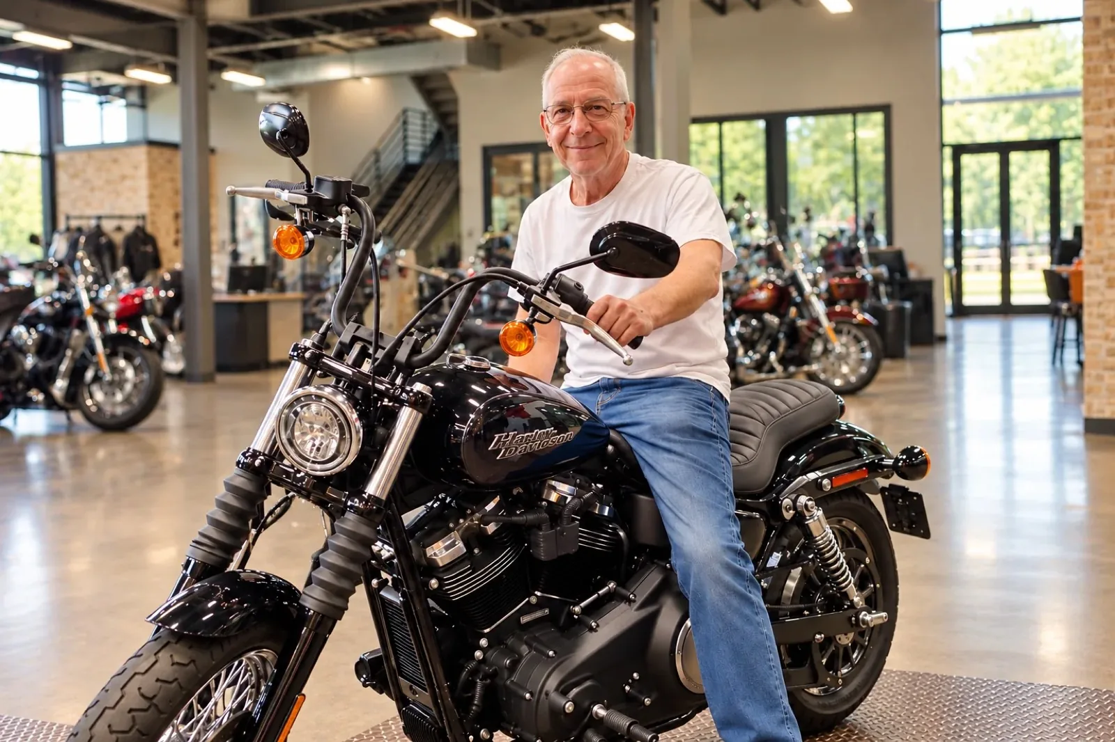 Paul Gray seated on his Harley